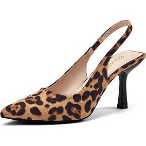 🆕Women's Leopard Slingback Kitten Heel Pointed Closed Toe Stiletto Pumps Slip